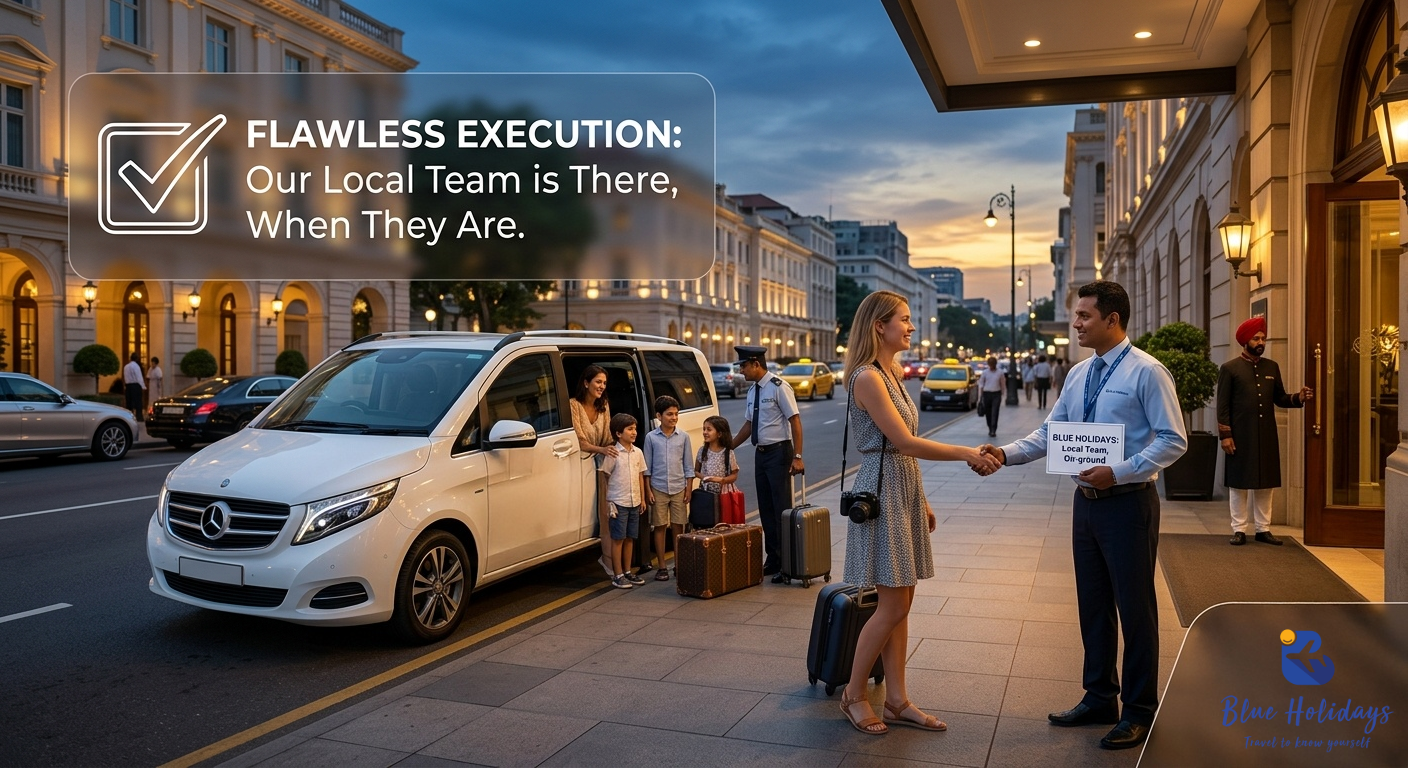 A professional Blue Holidays ground handling agent welcomes arriving international tourists next to a white premium passenger van outside a luxury hotel street front at sunset.