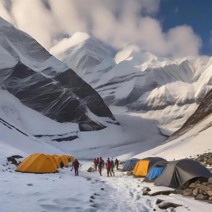 People gather in front of tents, set against a backdrop of snow-covered ground and winter scenery. Ladakh